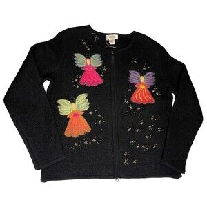 Rare Vintage Talbots Angels Theme Embroidered Cardigan Large Sweater 100% Wool
